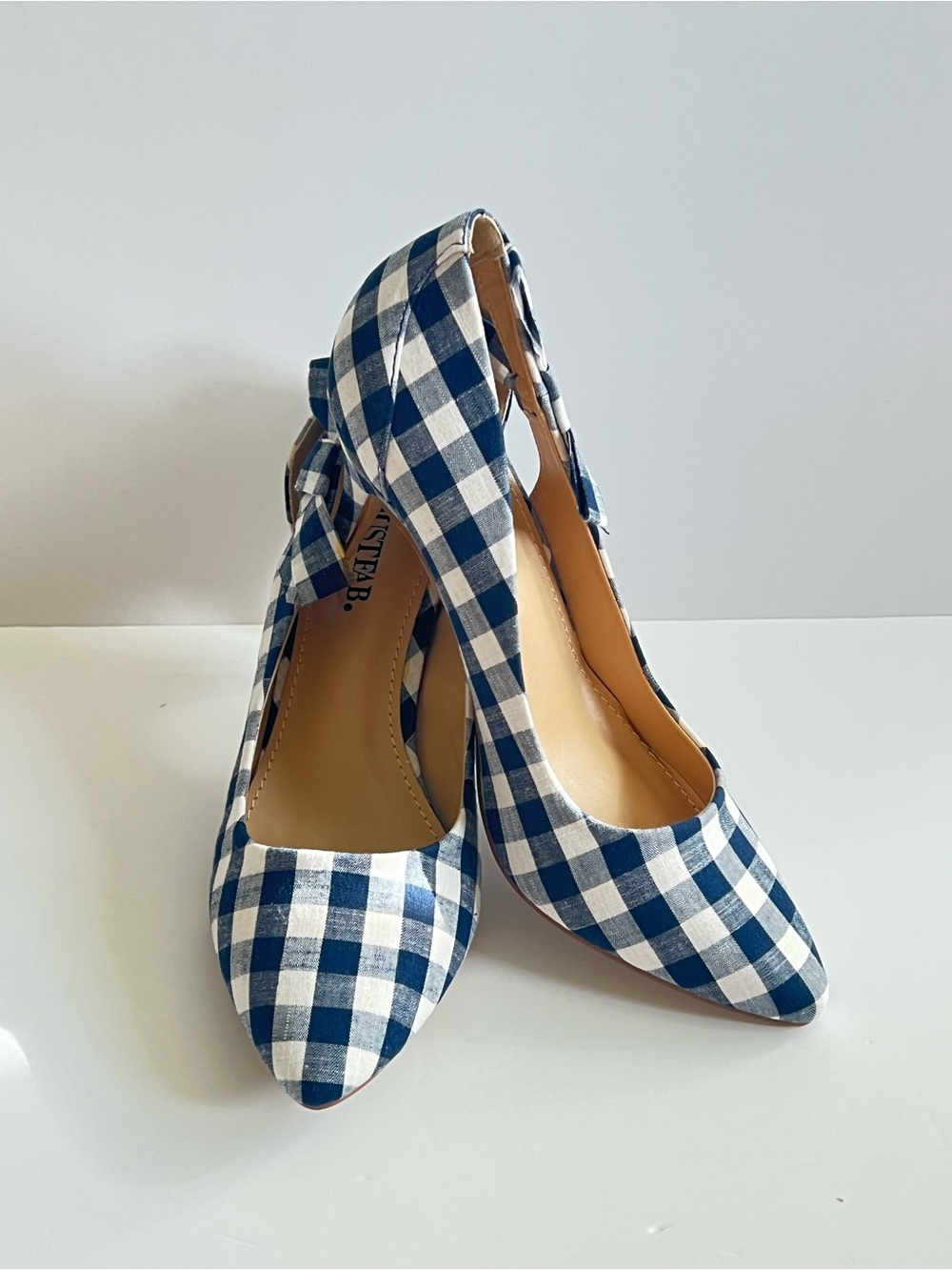 NEW JUSTFAB Navy Blue & White Gingham Ribbon Pumps  SZ-7
